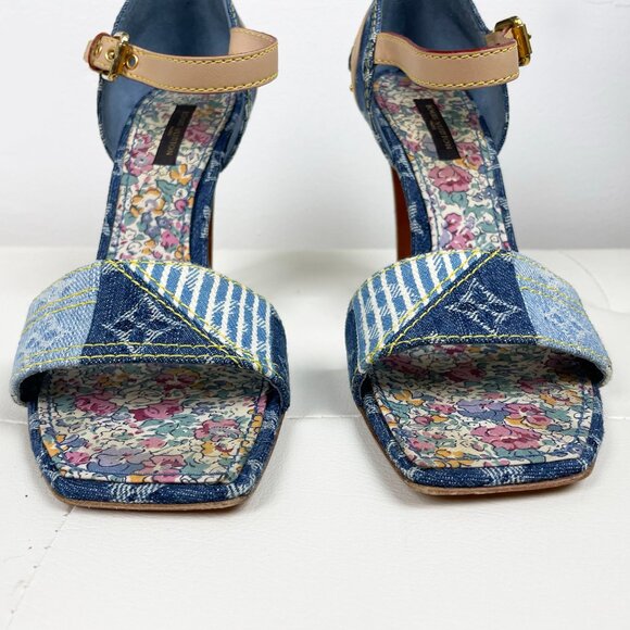 Vintage Louis Vuitton Blue Denim Monogram Heels | Unique Patchwork | S 38.5 EUC - Picture 10 of 14
